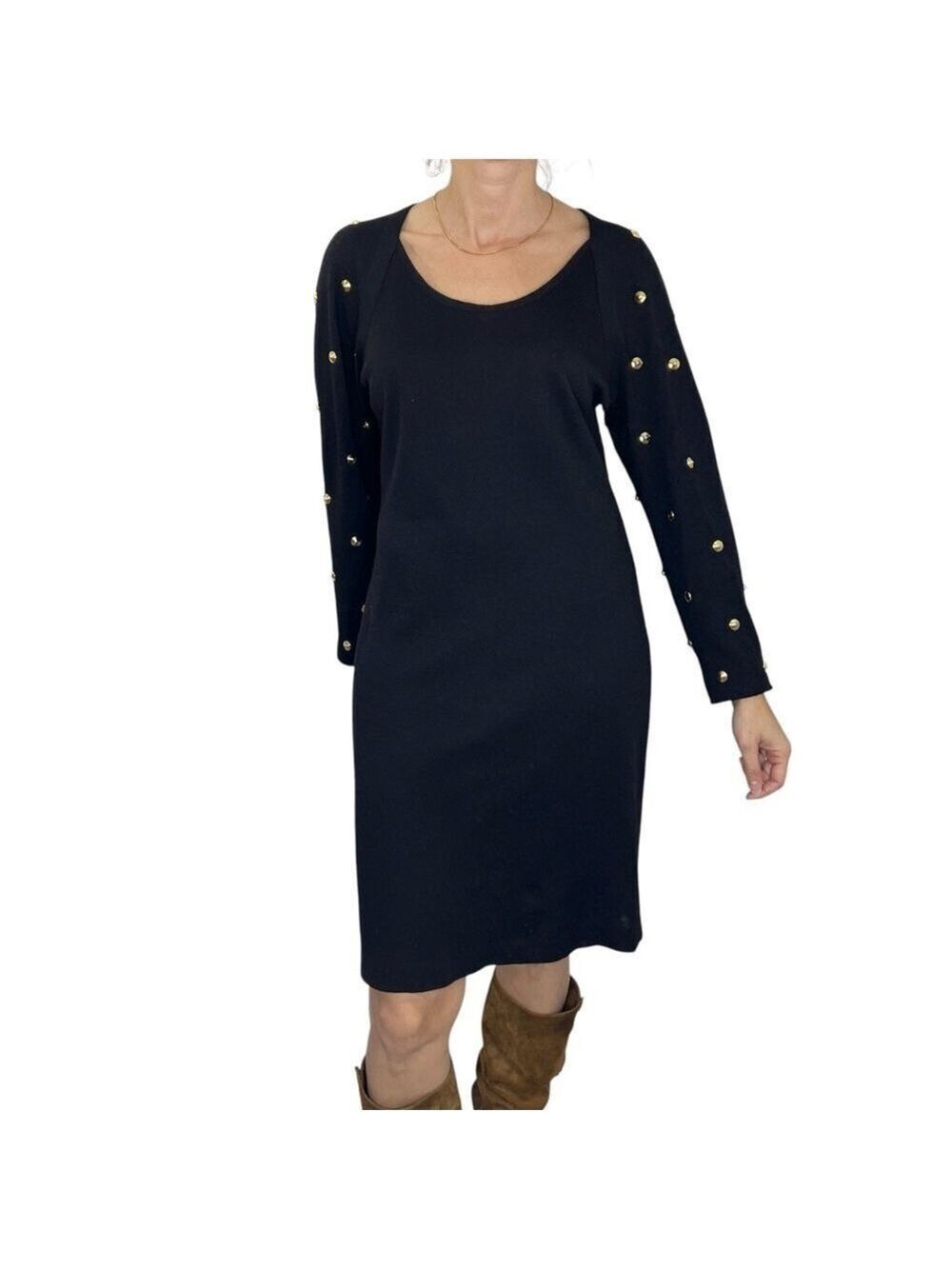 Vintage 90s IB Diffusion black wool blend gold studded fine knit sweater dress L